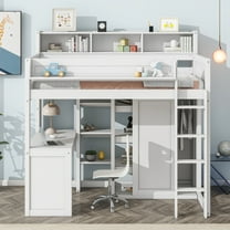 Euroco Pine Wood Twin Size Loft Bed with Desk, Wardrobe with Clothes Hanger and Display Shelves for Kids Bedroom, White