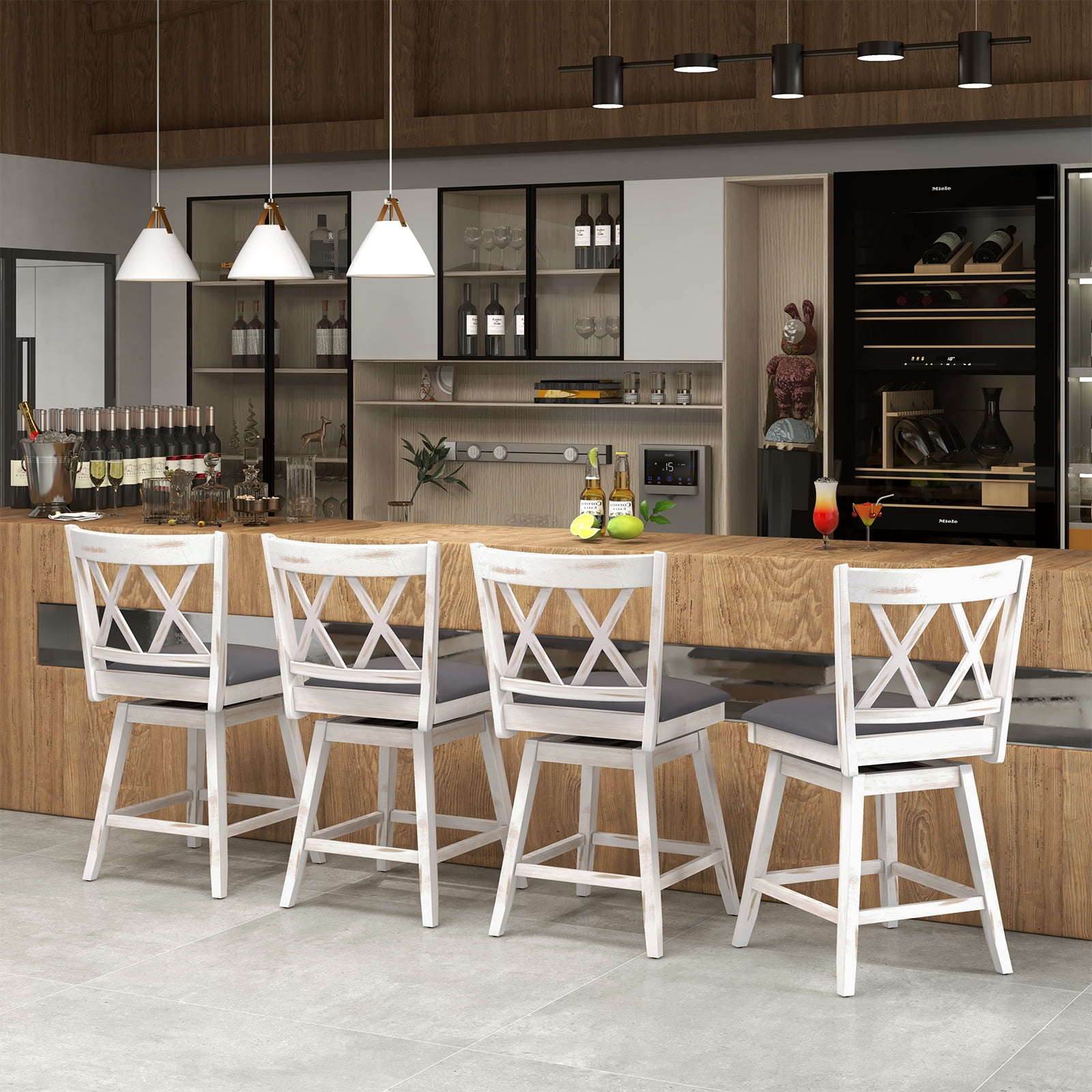Costway 24" Bar Stools Set of 2 with Ergonomic Backrest Rubber Wood Legs Swivel Height Chairs Antique White, Gray