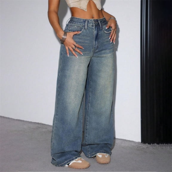 Endives Women's Wide Leg Jeans Distress Mid Waist Denim Pants Trousers Baggy Pants Fall Trendy