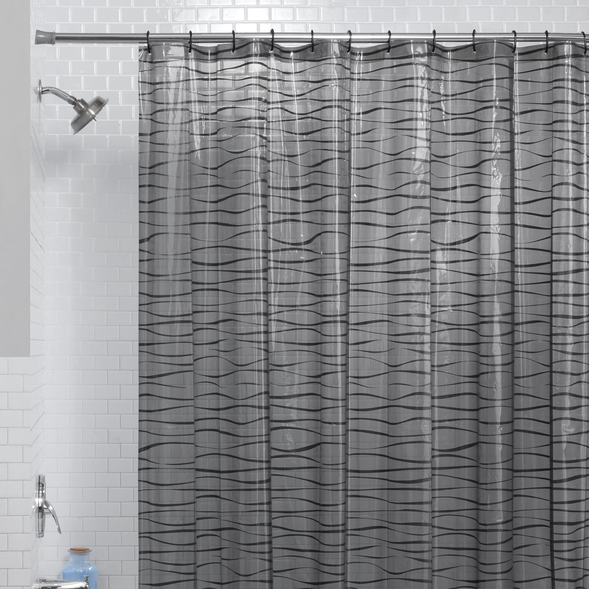 Mainstays Oasis 13-Piece Shower Curtain Set, Waterproof PEVA Curtain with 12 Hooks, Black