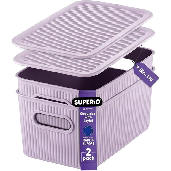 Superio 5L Small Lilac Ribbed Storage Bin with Lid, Plastic (2 Pack)