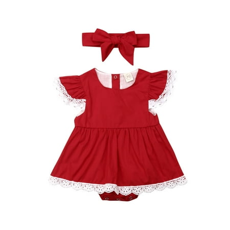 

Douhoow Baby Girl Floral Romper Red Lace Flowers Jumpsuits Dress Headband