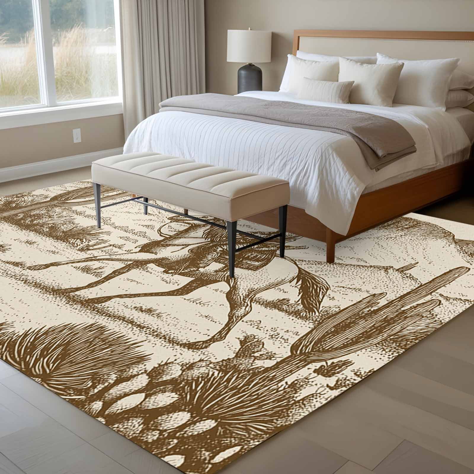 Large Area Rugs for Living Room Bedroom, Beige Western Farmhouse 5'x8' Rug Washable Carpet Runner Indoor Outdoor, Vintage Cowboys Cactus Non Slip Floor Mats Rug for Kitchen, Bathroom