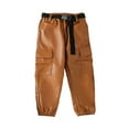 thumbnail image 2 of KYAIGUO Toddler Girls PU Leather Pants Kids Solid High Waist Elastic Trousers Stretch Pants with Belt for 2-7 Years Old, 2 of 8