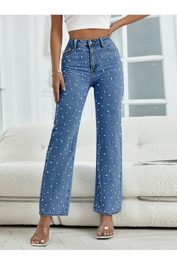 Women's Straight Leg Jeans Classic Mid Waist Non Stretch Denim Pants With Pearl Rhinestones