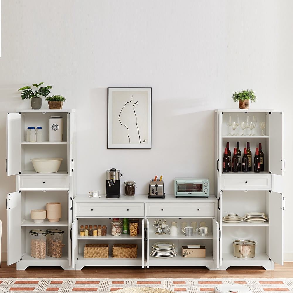 TrumanPick 3-Piece Modern Farmhouse Sideboard Buffet Cabinet and TV Cabinet & Kitchen Storage Pantry Set,White