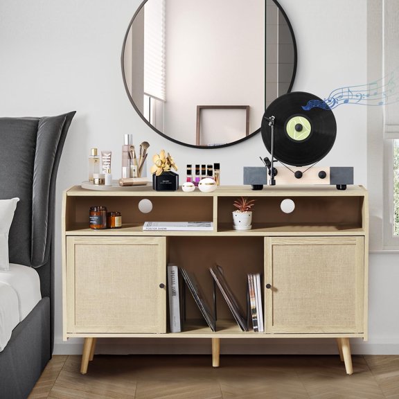 Wirrytor Rattan Record Player Stand with Vinyl Storage, Wood Media Console Table for Living Room, Modern Farmhouse Audio Cabinet with 2 Rattan Doors and Sturdy Shelves