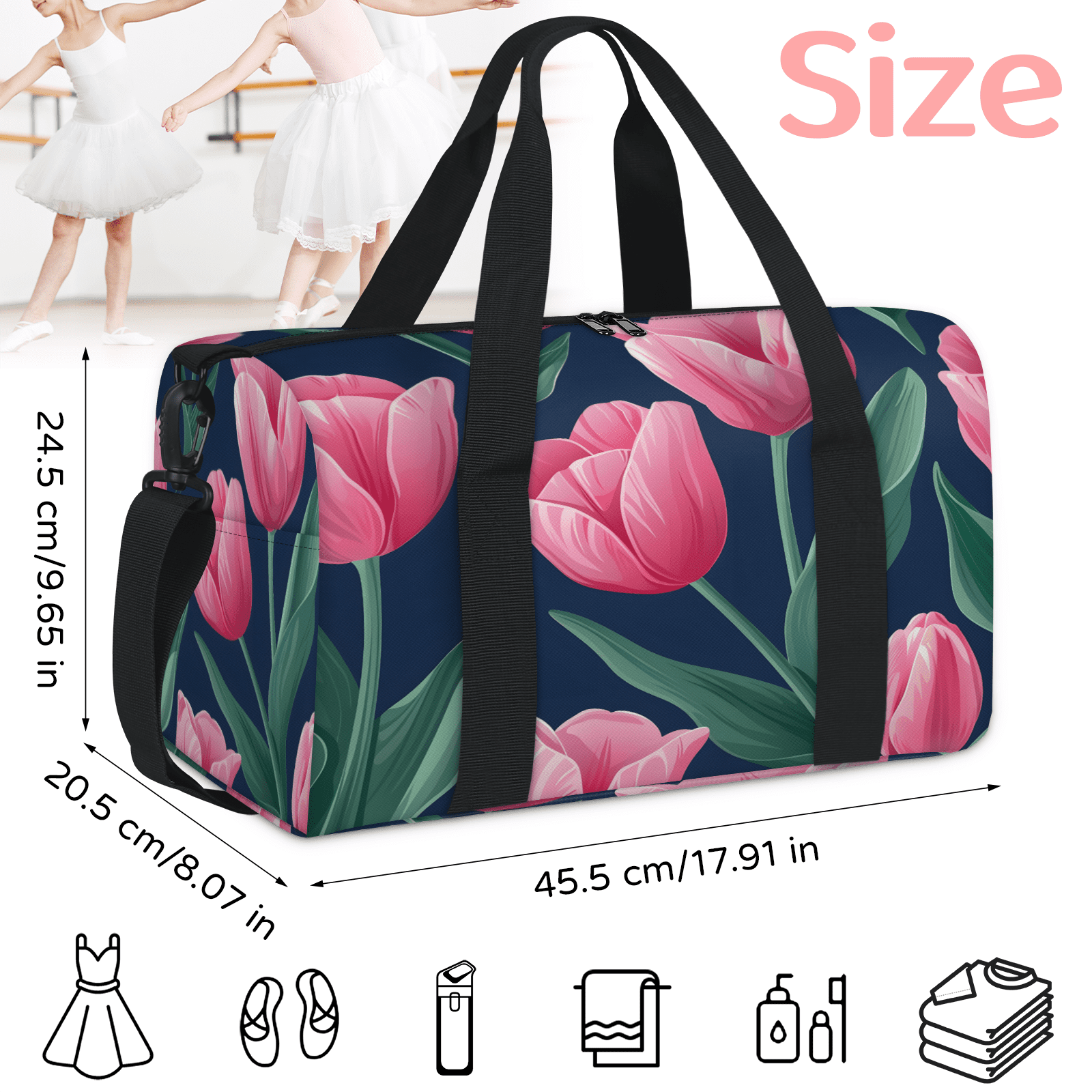Herdesigns Pink Floral Gym Bag for Women, Duffle Bag for Travel Sport, Tulip Flower Lightweight Waterproof Carry on Weekender Dance Yoga Workout Bags