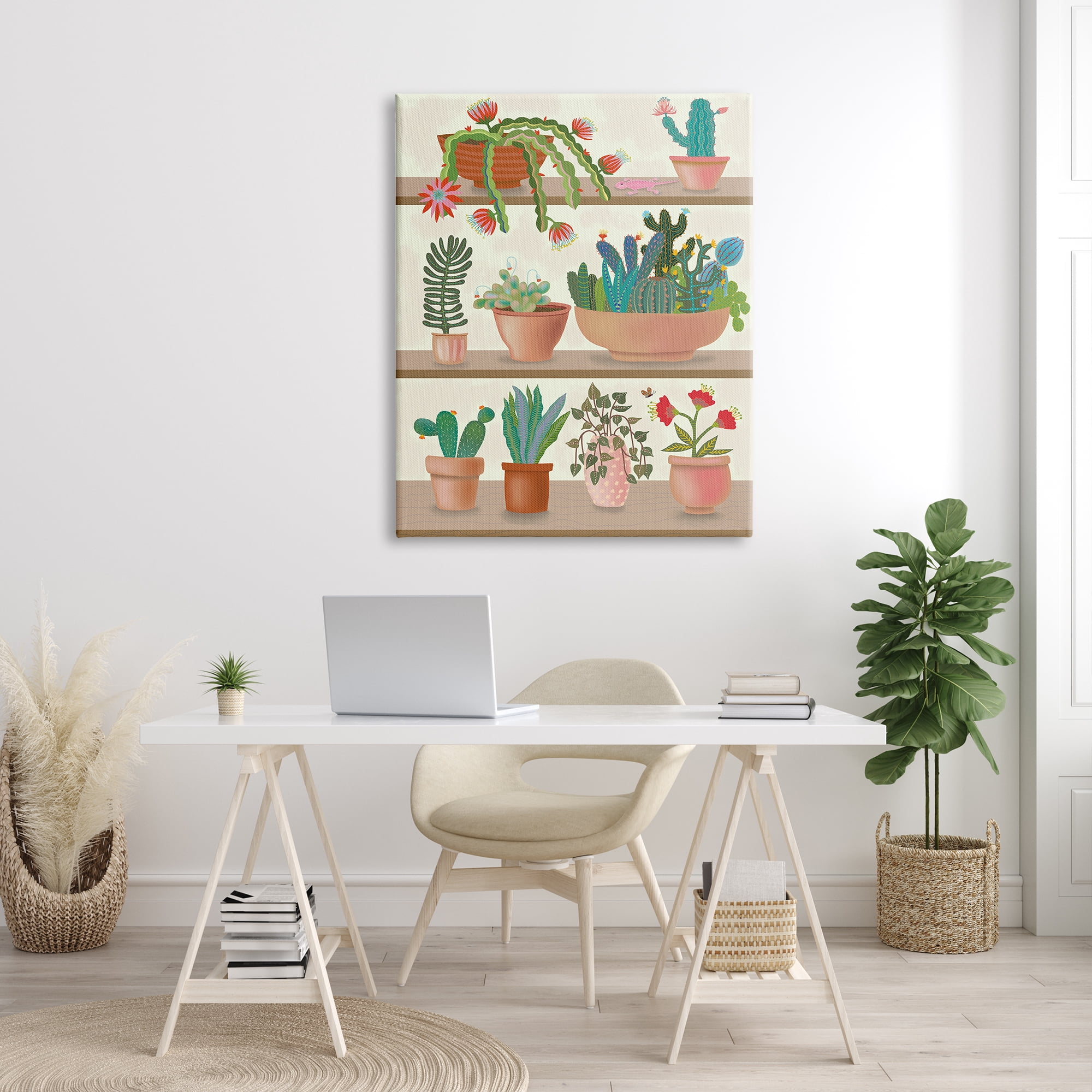 Darlene Seale Modern Chic Succulent Shelve Illustration Fun Cacti 36 in x 48 in Painting Canvas Art Print, by Stupell Home Décor