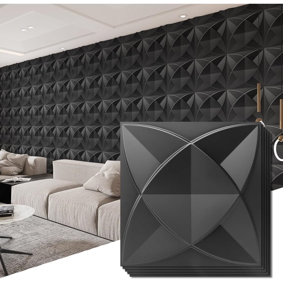Decorative Textured PVC 3D Wall Panels for Interior Wall Decor in Living Room, Bedroom in Black, Pack of 33 Tiles, 32 Sq.Ft