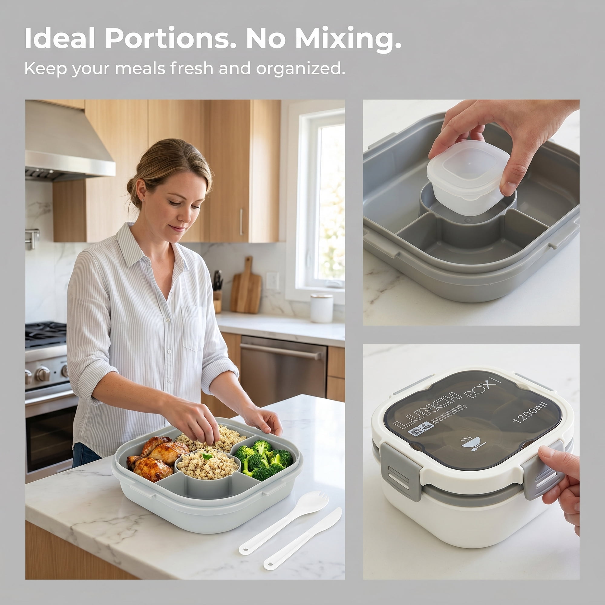 Unique Bargains 1200ml Leak-Proof Meal Prep Lunch Bento Box White-1