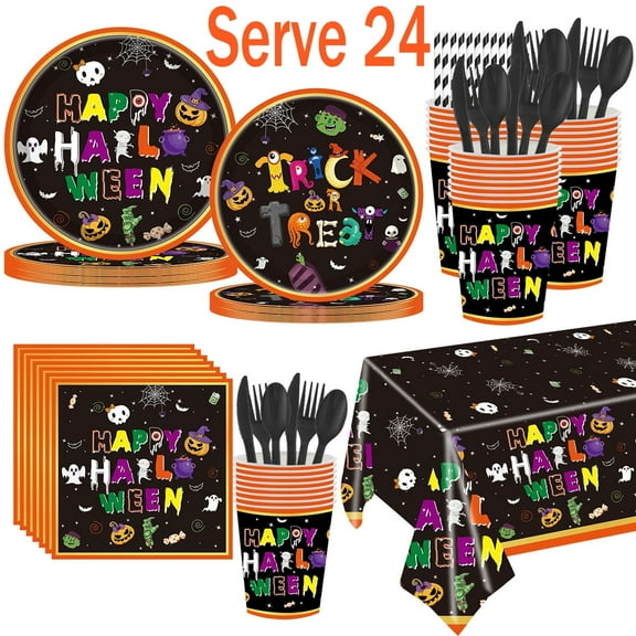 Halloween Paper Plate Disposable Napkins Tablecloth Halloween Dinnerware for Halloween Party Supplies Serve 24