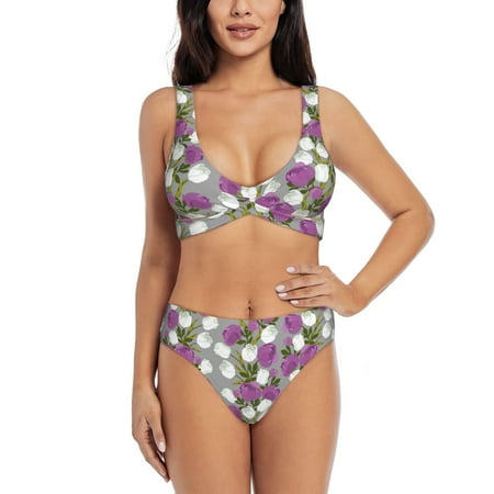 Bathing Suit For Women  Purple White Rose Flowers High Waisted Bikini Set Bathing Suit Cross Lace Up Swimsuit