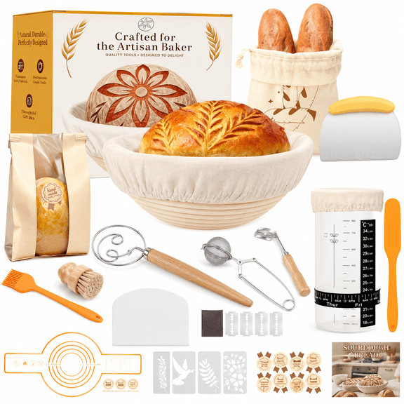 Efoee 26 PCS Sourdough Starter Kit with Starter Jar, Sourdough Bread Baking Supplies with Round Oval Banneton Proofing Baskets, Dough Whisk, Spatula, Scraper, Gifts for Bakers Women Wife Mom
