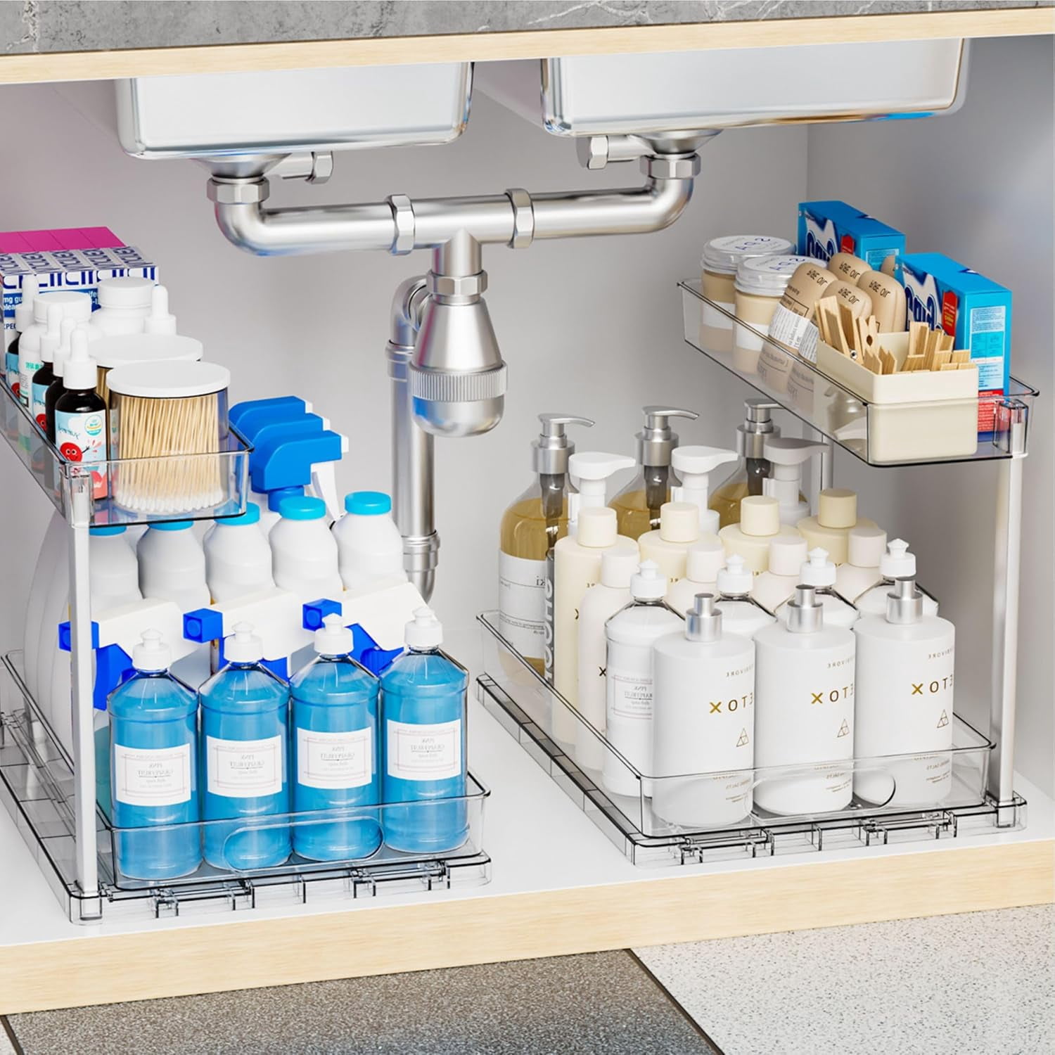 RGHJAR-2 Pack Under the Sink Organizer for Under Bathroom Sink,14.5″ Deep Sliding Inder Sink Organizer for Kitchen Cupboard,2 Tier Undersink Organizers for Vanity,Under Counter Storage Organization