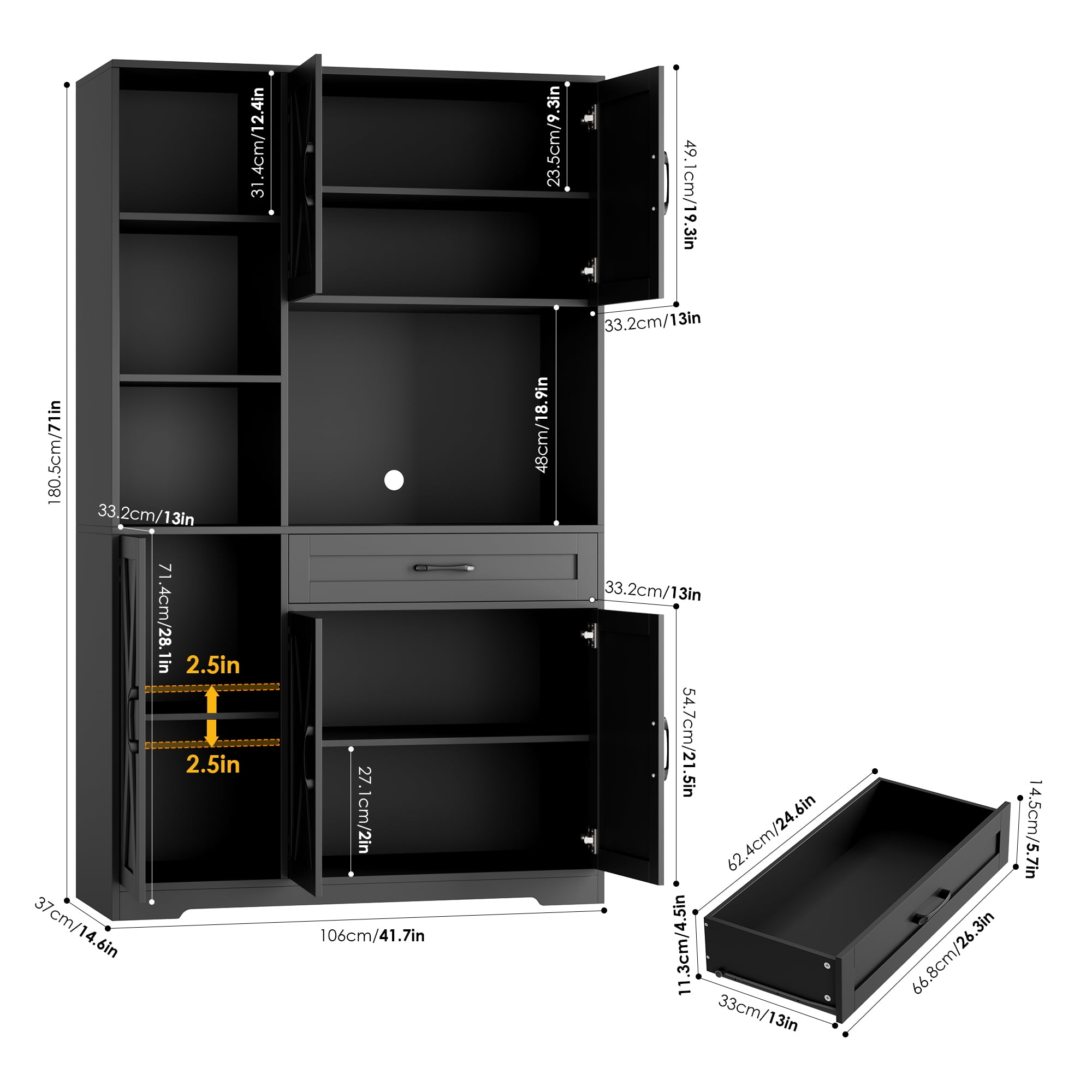 Hiphuta 71"Farmhouse Kitchen Pantry Storage Cabinet, Freestanding Hutch Cabinet with Microwave Stand, Sturdy Pantry Cabinet for Dining Room, Black