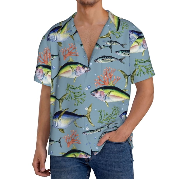 Balery Various Wild Sea Fish Camisa Casual de Manga Corta con Botones para Hombre, Texturizada, Estilo Cubano, para Playa, Verano-Large