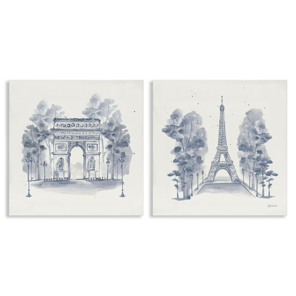 Stupell Industries French Landmarks in Blue Buildings & Architecture Painting Wrapped Canvas Art Print Wall Art, 17 x 17, Set of 2