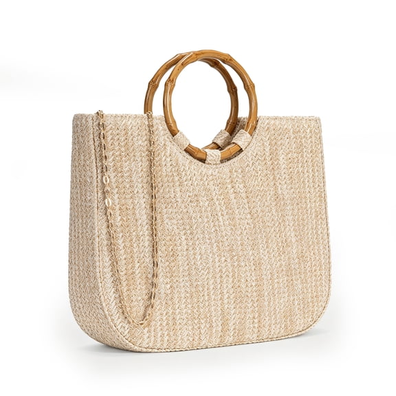 Straw Shoulder Tote Bag for Women Beige Large Woven Beach Handbag with Handles and Detachable Chain Strap Lightweight Casual Purse for Summer Travel Vacation