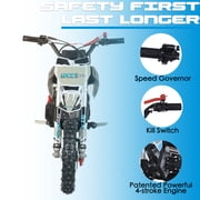 SYX MOTO VK 58cc 4-Stroke Gas Powered Mini Dirt Bike for Kids, Fully Automatic Youth Off-Road Motorcycle with Speed Governor, Pull Start, Blue/White