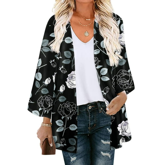 A Look for Every Event,AXXD Casual Loose Printed Sunscreen Chiffon Kimono Lace Cardigan for Women Clearance Black Size 8