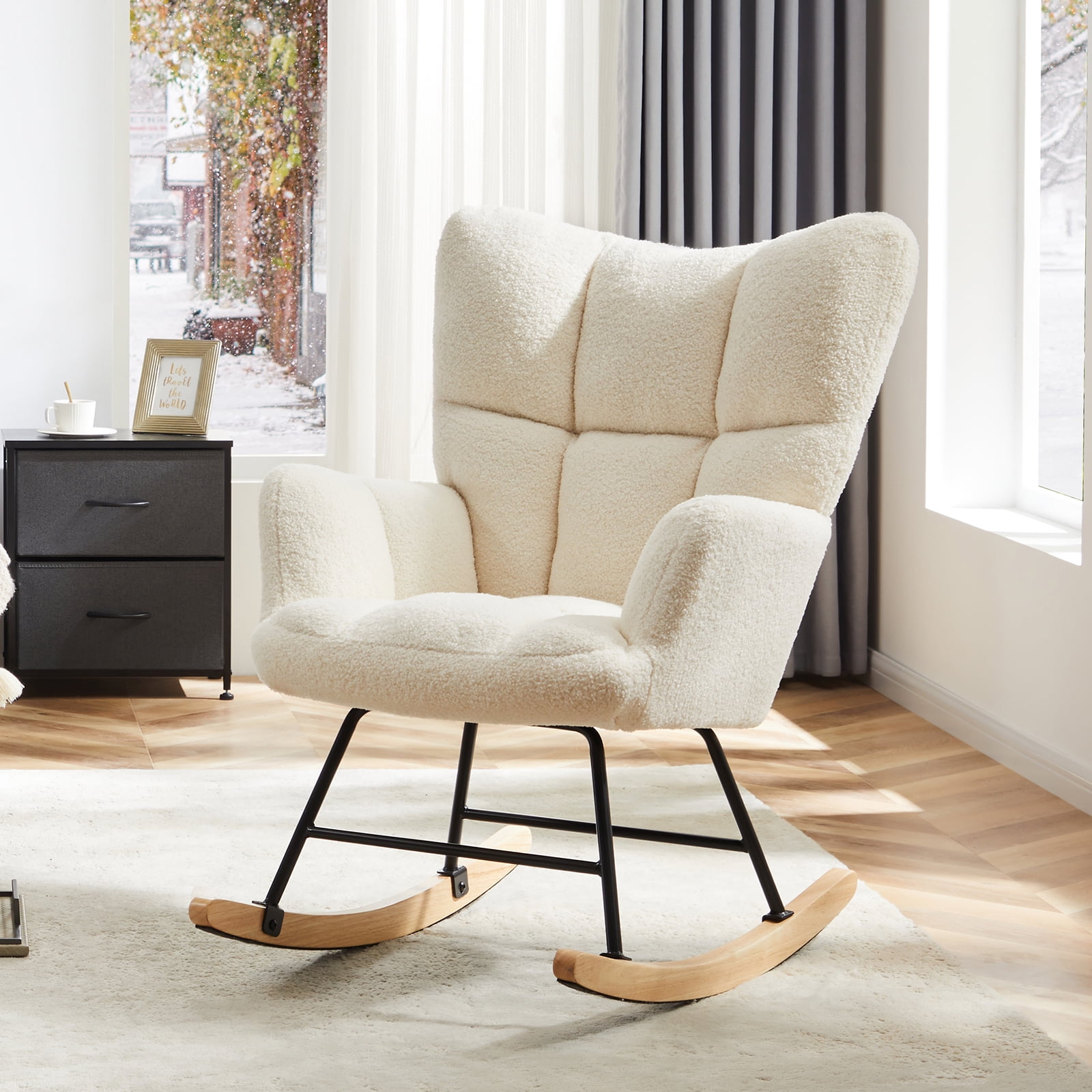 GIANNA Nursery Rocking Chair with Wing Backrest Wide Armrest, Bedroom Seating Furniture Glider Chair Comfy Teddy Recliner, Beige