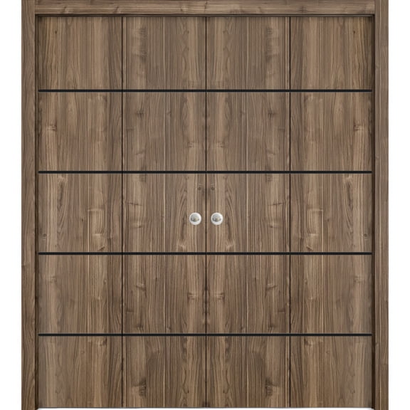 Sliding Closet Double Bi-fold Doors | Planum 0015 Walnut with Frosted Glass | Sturdy Tracks Moldings Trims Hardware Set | Wood Solid Bedroom Wardrobe Doors
