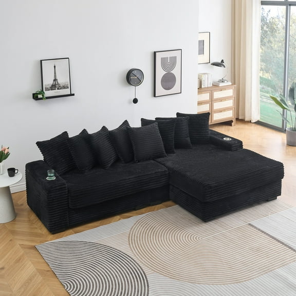 111'' Modern Sectional Sofa, L-Shaped Corduroy Couch with Chaise Daybed, Extra-Wide Oversized Lounge, 8 Pillows, Corner Sofa Set for Living Room, Apartment, Office, Hotel, Bedroom, Black