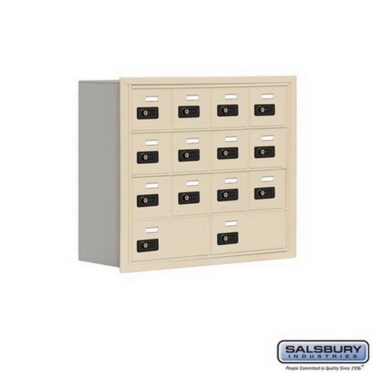 Salsbury Industries 19048-14SRC Cell Phone Storage Locker - 4 Door High Unit (8 Inch Deep Compartments) - 12 A Doors and 2 B Doors - Sandstone - Recessed Mounted - Resettable Combination Locks