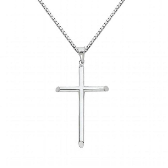 14k White Solid Gold Traditional Cross Religious Pendant with 0.80-mm Box Chain
