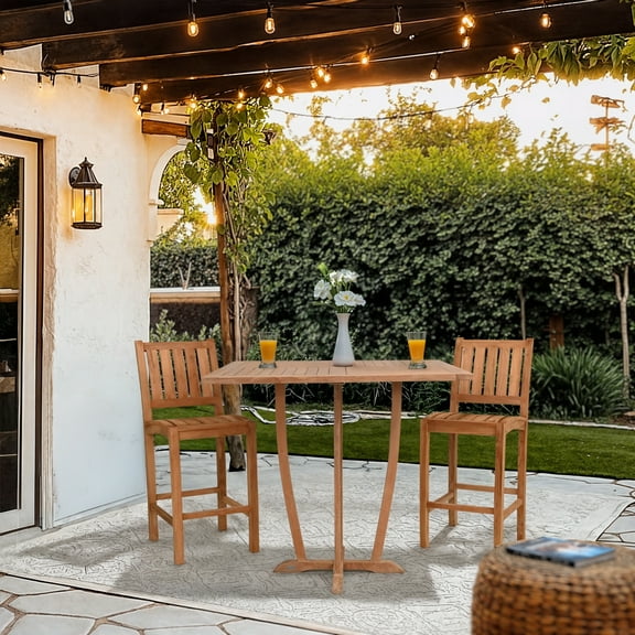 3 Piece Teak Wood Bistro Outdoor Patio Bar Set Including 35" Square Miami Bar Table and 2 Abacho Barstools