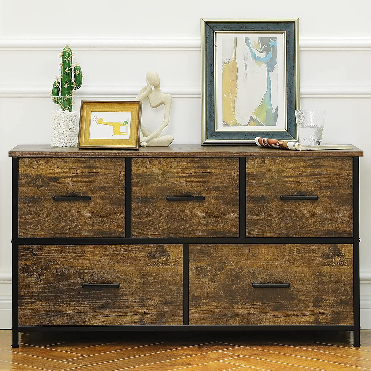 Viagdo 5 Drawers Dresser, Fabric Storage Chest Organizer with Wood Top