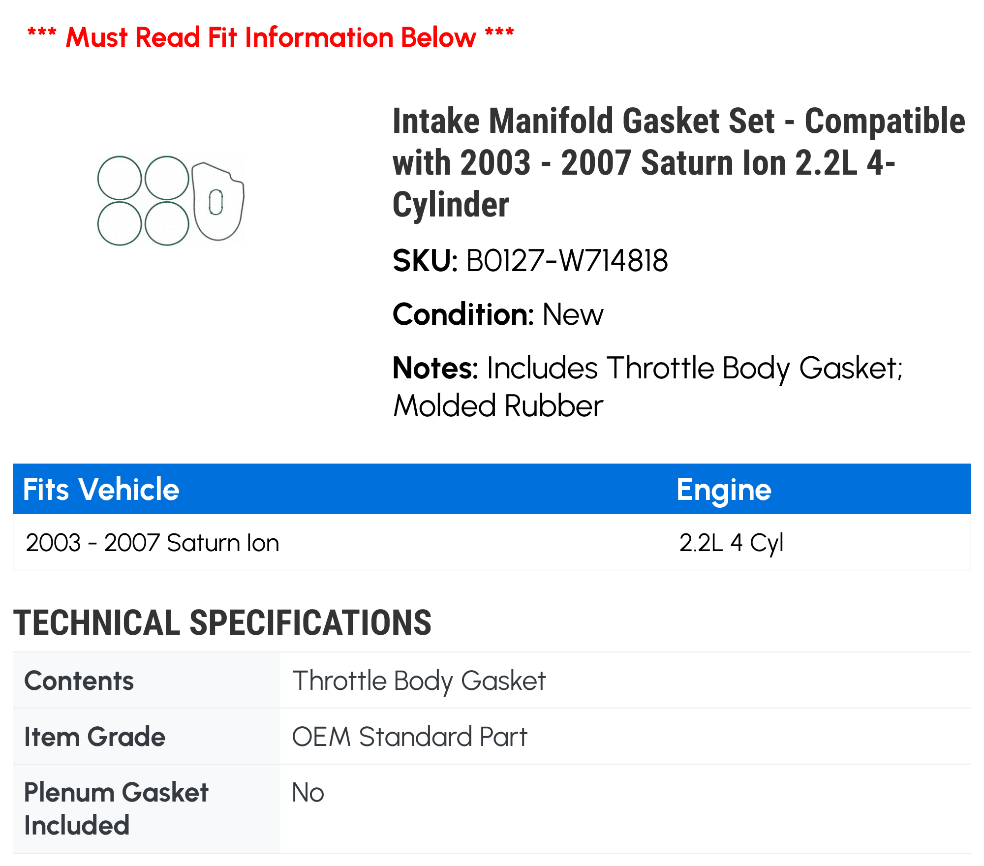 Intake Manifold Gasket Set - Compatible with 2003 - 2007 Saturn Ion 2.2L 4-Cylinder 2004 2005 2006