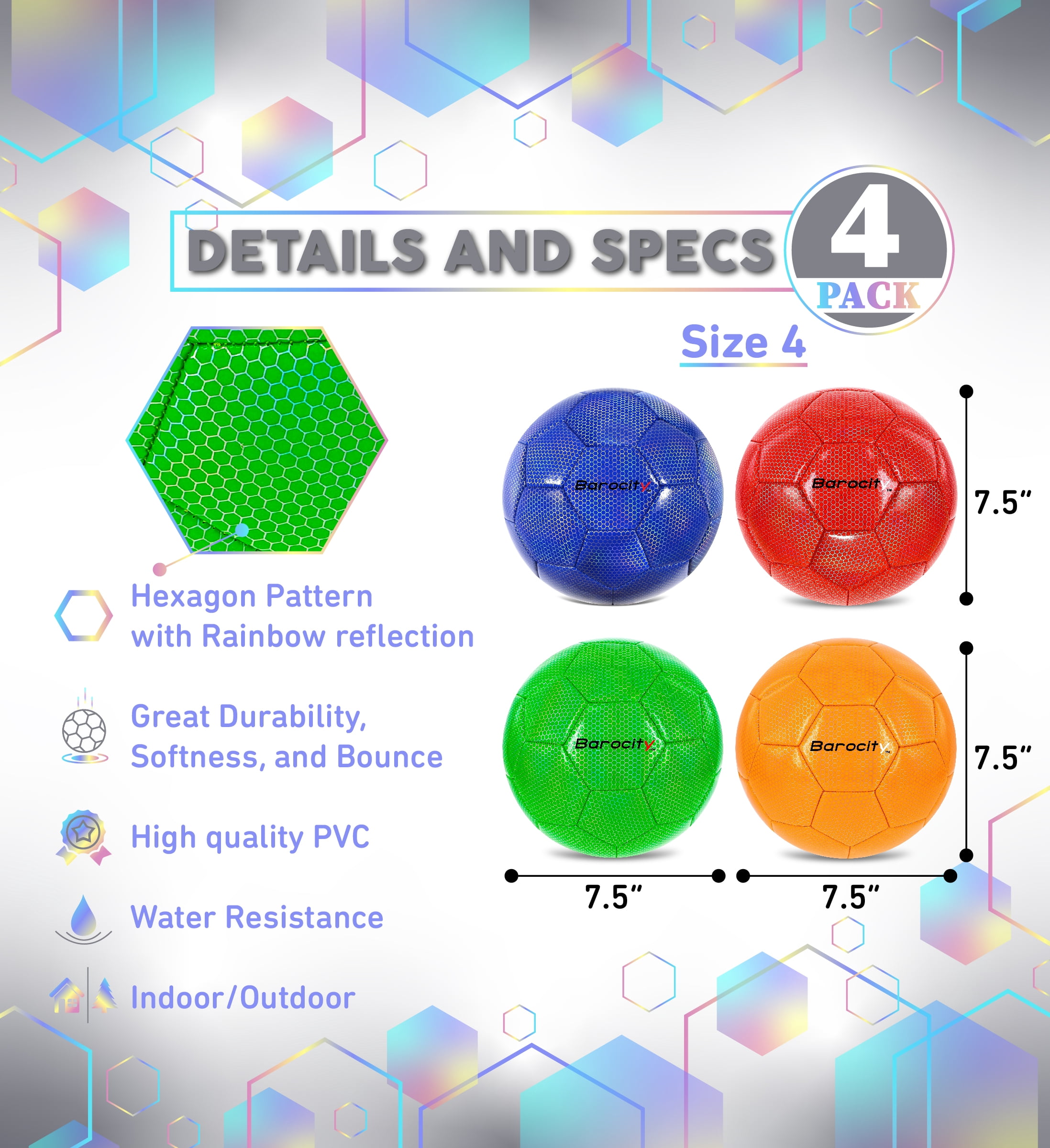 Barocity Iridescent Soccer Balls Set of 4 – Blue, Red, Green and Orange Official Match Ball with Reflective Hex Pattern, Sport Soccer Balls for Indoor Outdoor Training and Practice Games – Size 4