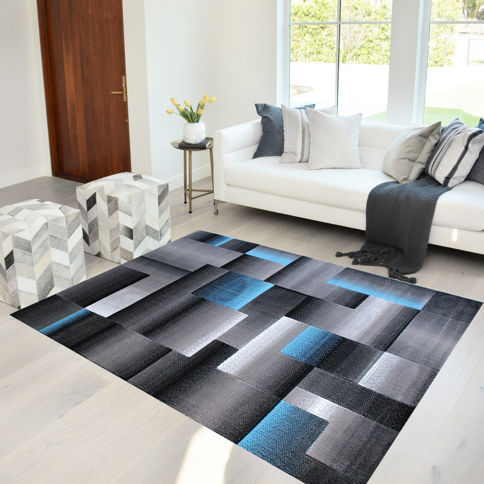 Blue Grey Silver Black Abstract Area, Black And Blue Rug