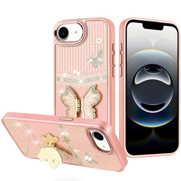 For iPhone 17E / 16E / SE4 Splendid Glitter Butterfly Design Stand with Metallic Edges Hybrid Case - Rose Gold