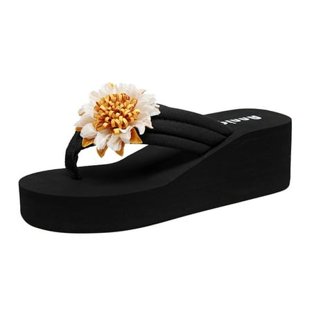 

ZTTD Fashion Spring And Summer Women Slippers Thick Bottom Wedge Heel Lightweight Flip Flops Flowers Solid Color Comfortable Beach Style Women s Slipper A