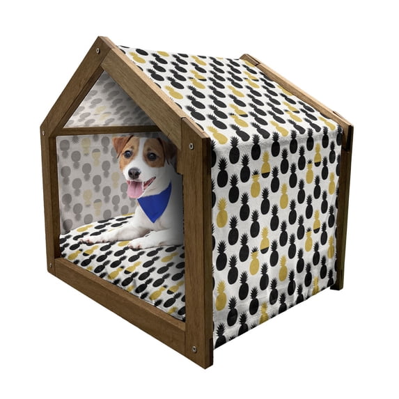 Yellow and Black Pet House, Exotic Getaway Themed Illustration Fresh Summer Season Food, Outdoor & Indoor Portable Dog Kennel with Pillow and Cover, 5 Sizes, Earth Yellow and Black, by Ambesonne
