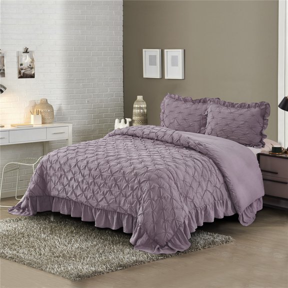 Unique Home 3 Piece Brianna Solid Color Pinch Pleat Bed In A Bag Clearance Bedding Comforter Duvet Set Fade Resistant, Super Soft (Queen, Purple)