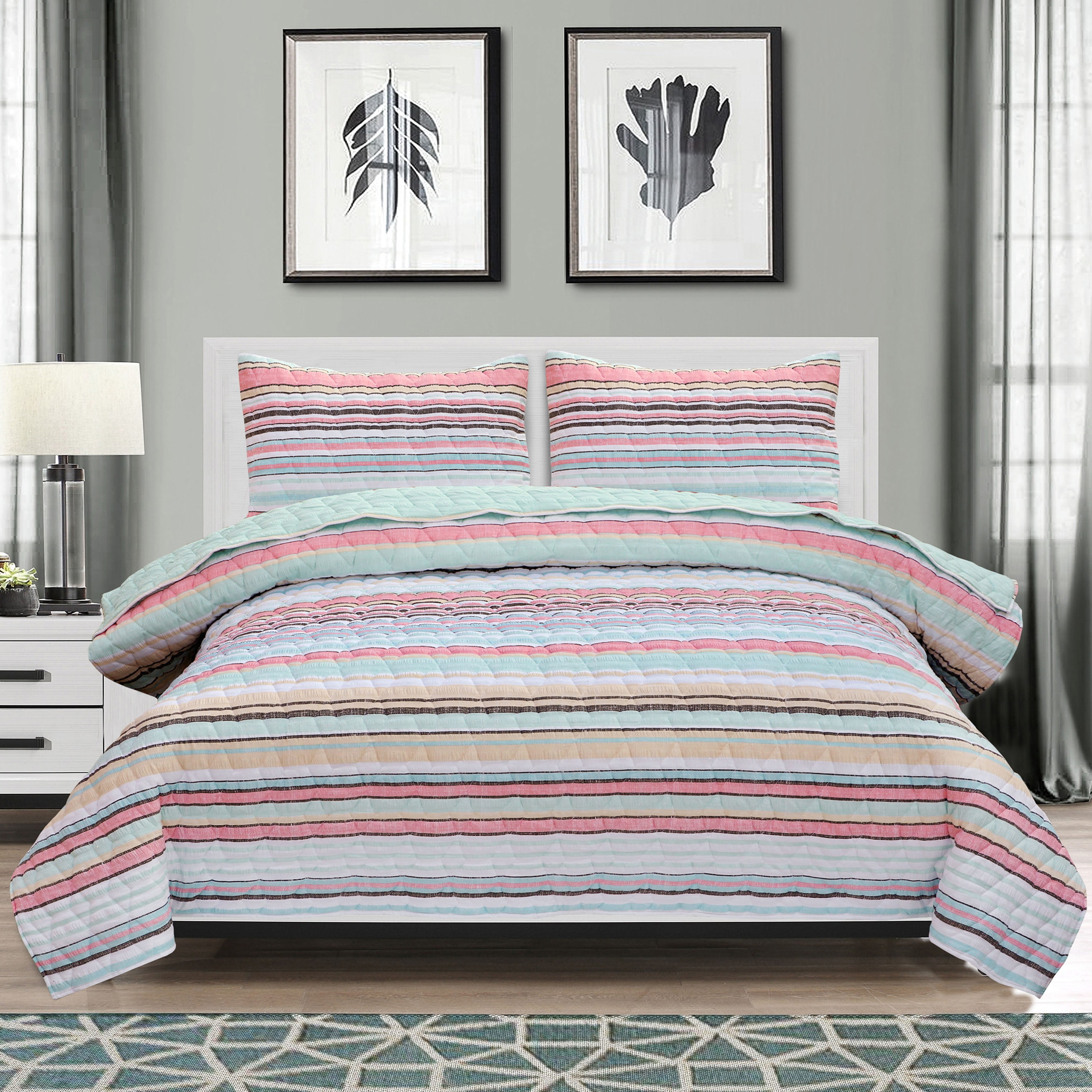 EnvioHome Reversible Cotton Rich Seersucker Striped Quilt Set Christmas quilts bedspreads bedding quilt comforter queen king bed gingerbread bedspread snowman shams bedsure coverlet decor lakeside seasonal oxybeta patchwork