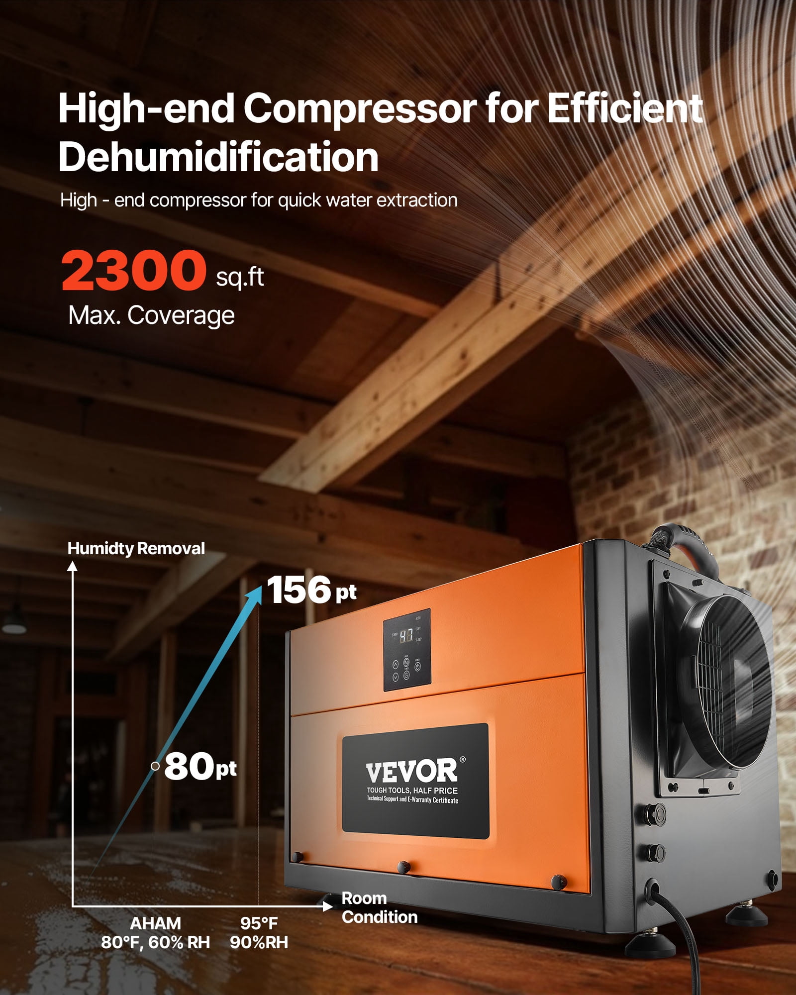 VEVOR 156 Pints Commercial Dehumidifier with Drain Hose, Portable Crawl Space Dehumidifiers for Basement Storage Room Industrial Grade,Auto Defrost/Drainage,Heavy-duty Galvanized Steel,LED Indicate