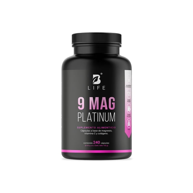 Mezcla De Magnesios Premium | 240 Cápsulas | Adicionado Con Colágeno Hidrolizado y Vitamina C | 9 Mag Platinum | B Life.