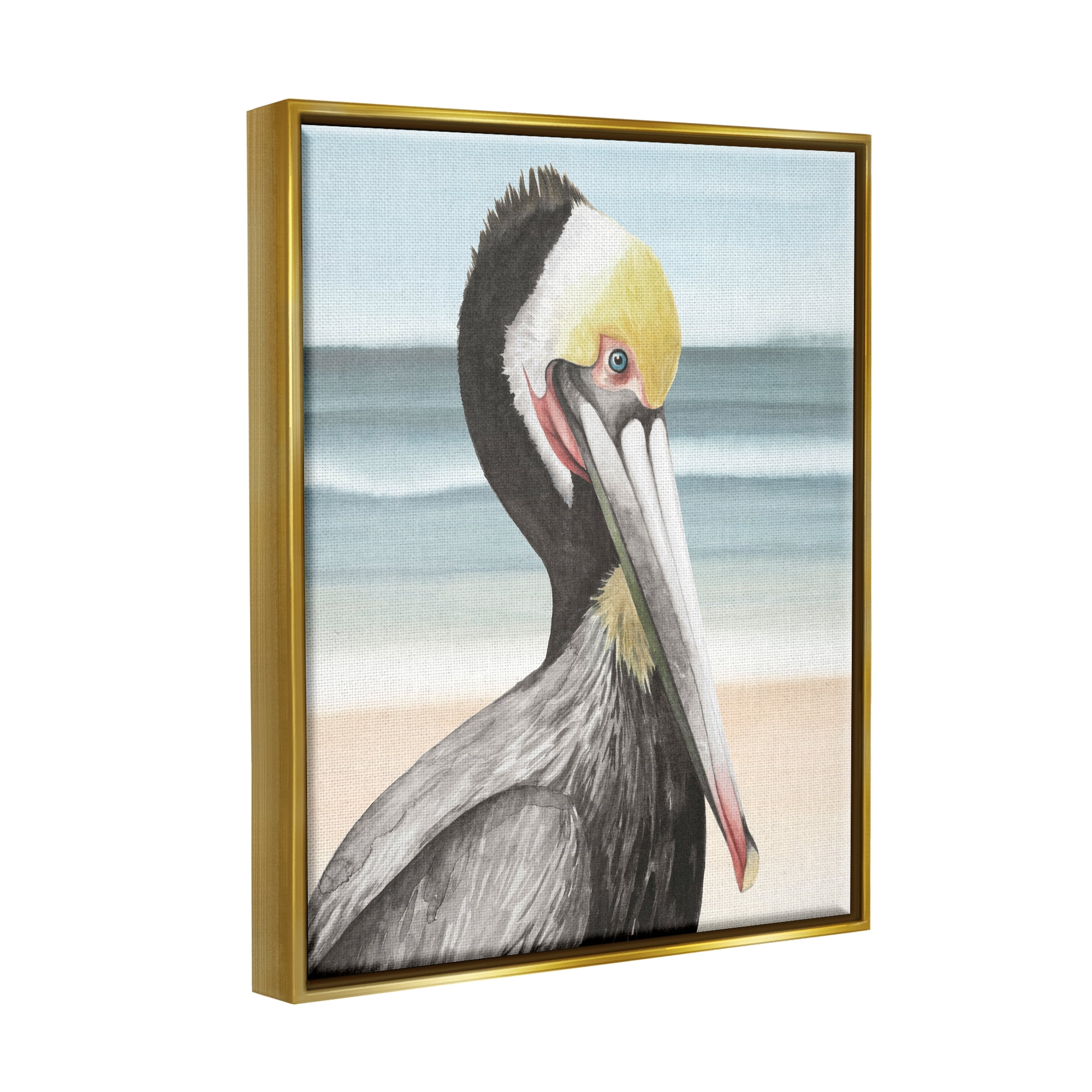 Stupell Industries Pelican Portrait on Beach Animals & Insects Painting Gold Floater Framed Canvas Art Print Wall Art, 25 x 31