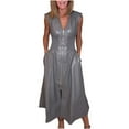 thumbnail image 2 of Mceream Women's Sleeveless Faux Leather Midi Dress, Smocked Waist with Front Zipper, Flared A-Line Fit with Pockets for Party, Night Out, Fall/Winter Gray L, 2 of 6