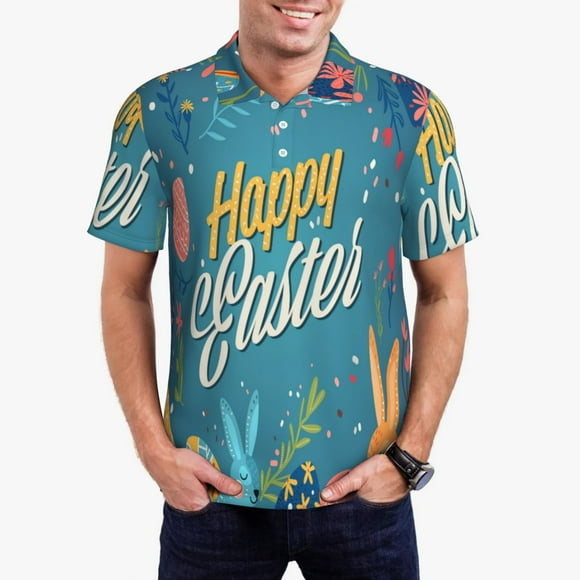 Fotbe Happy Easter Camiseta Polo de Golf para Hombre con Estampado – Camisa Deportiva Transpirable con Cuello Abotonado-Small