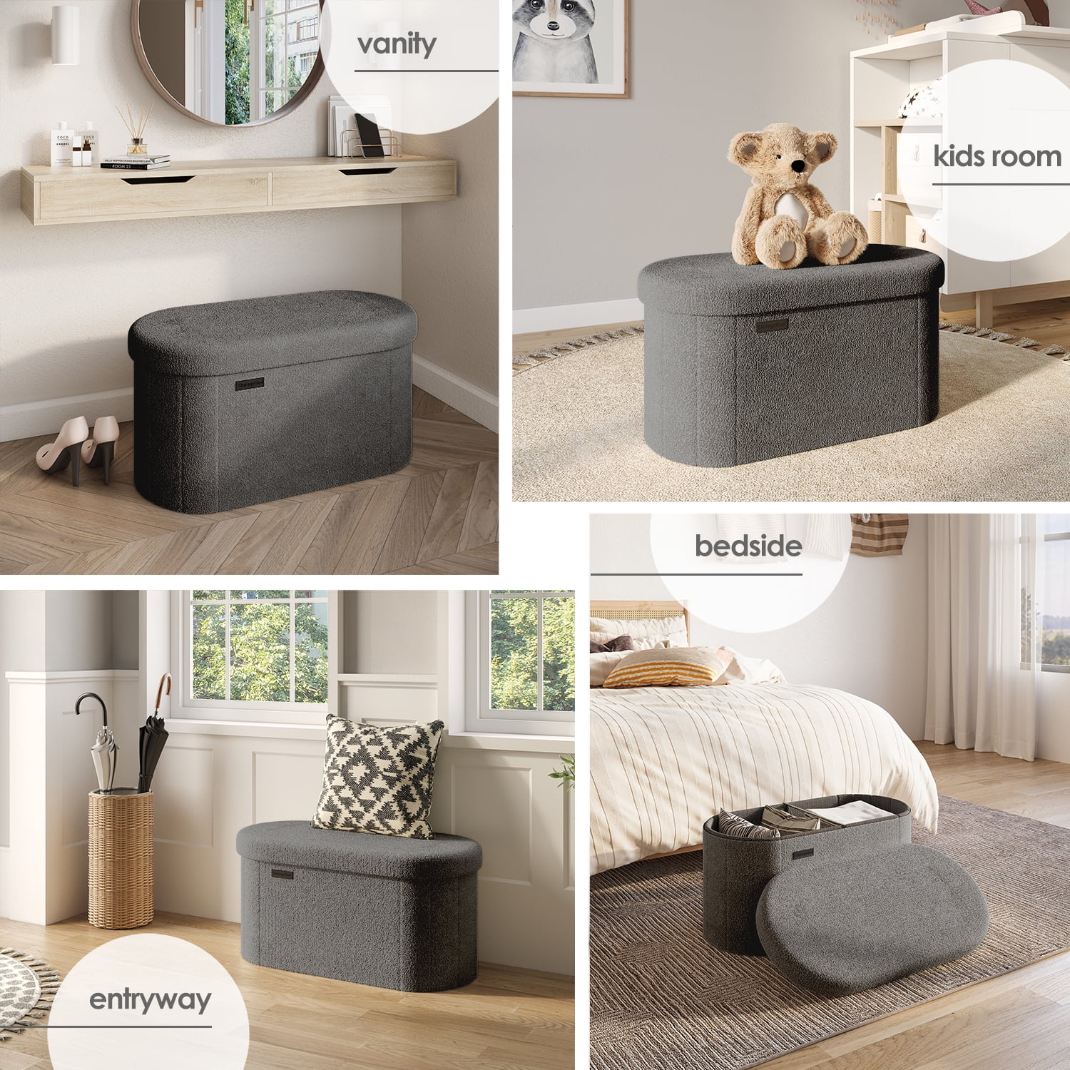 Hearth & Harbor Oval Storage Ottoman Bench, Boucle 30" Ottoman with Storage , Grey