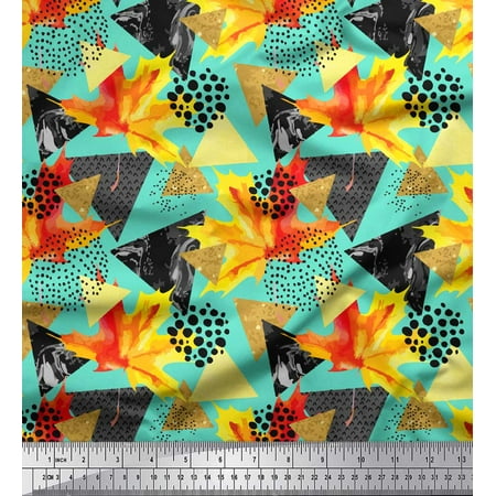 Soimoi Green Poly Georgette Fabric Triangle Autumn Leaves & Brush Stroke Abstract Print Fabric by Yard 42 Inch Wide