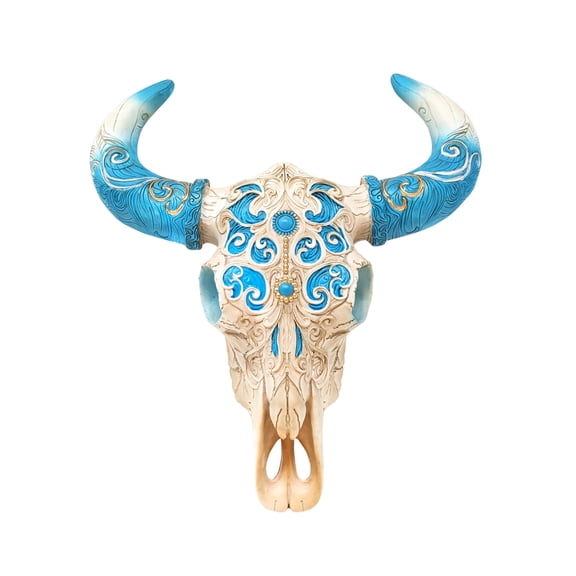 Tooled Turquoise & White Bull Skull Wall Art | Western Wall Decor | Rustic Southwestern Cow Skull Sculpture | Unique Home Decor | Longhorn Inspired | Animal Head Wall Hanging