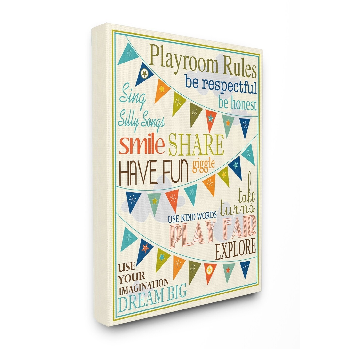 The Kids Room by Stupell Playroom Rules With Pennants In Blue Canvas Wall Art by Karen Zukowski (Finny And Zook)