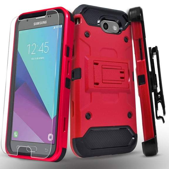 Galaxy J3 Luna Pro Case, Galaxy J3 Emerge/Galaxy J3 Prime/Galaxy J3 Eclipse/Galaxy Express Prime 2/Galaxy Amp Prime/Galaxy Sol 2 Phone Cover,W/[Glass Protector], [Tank Armor]Phone Cover-Red